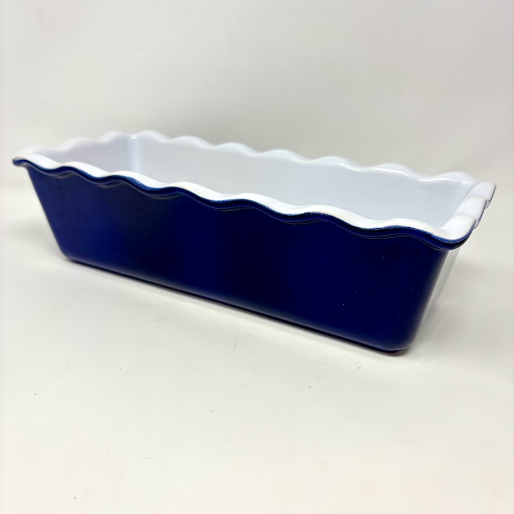 Emile Henry Loaf Pan Blue White Ruffled Edge Baking Dish 9.5"x 5.5" France 61-63